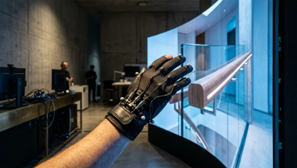 Architect wearing a haptic feedback glove reaches toward a real-time rendered handrail on a curved display, illustrating a VR design review test for motion-to-photon latency and tactile material fidelity.