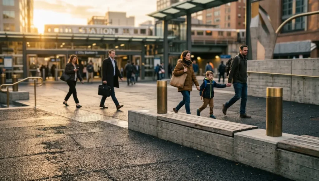 Golden-hour photo of a retrofitted urban transit plaza showing permeable sensor-embedded paving, a raw concrete curb extension doubling as seating, and brushed brass bollards, illustrating playable cities urban design street furniture in everyday use.