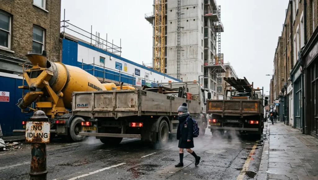 Diesel construction trucks idling on a narrow urban street at pedestrian height, with a schoolchild walking past unfinished concrete tower, shot in documentary architectural photography style with 24mm tilt-shift lens, overcast diffused lighting, wet asphalt texture, and industrial grey color palette.