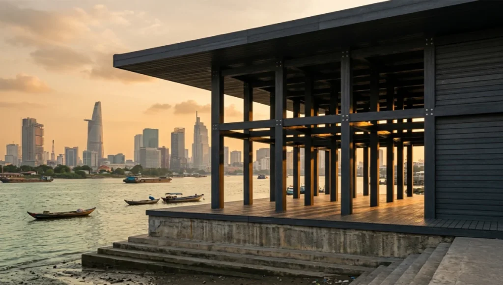 The Tidal Frame waterfront pavilion by Nuvira Space in Ho Chi Minh City, featuring 150x150mm salvaged ocean plastic lumber post-and-beam structure with 316L stainless steel connections, 140x25mm ocean plastic decking, and rainscreen cladding. Shot at golden hour with Canon 24mm tilt-shift lens showing thermal expansion joints and cantilevered roof overhang against Saigon River backdrop. Sustainable coastal architecture, carbon-negative building materials, tropical waterfront design.