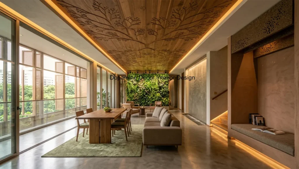 Ultra-realistic architectural photograph of the Syntropic Loft by Nuvira Space, a 180-square-meter Singapore biophilic loft featuring a 12-meter sightline to a vertical living garden wall, CNC-milled fractal timber ceiling paneling, polished concrete thermal mass flooring, and a refuge reading alcove with overhead timber canopy, captured with a 24mm tilt-shift lens in diffused tropical morning light.