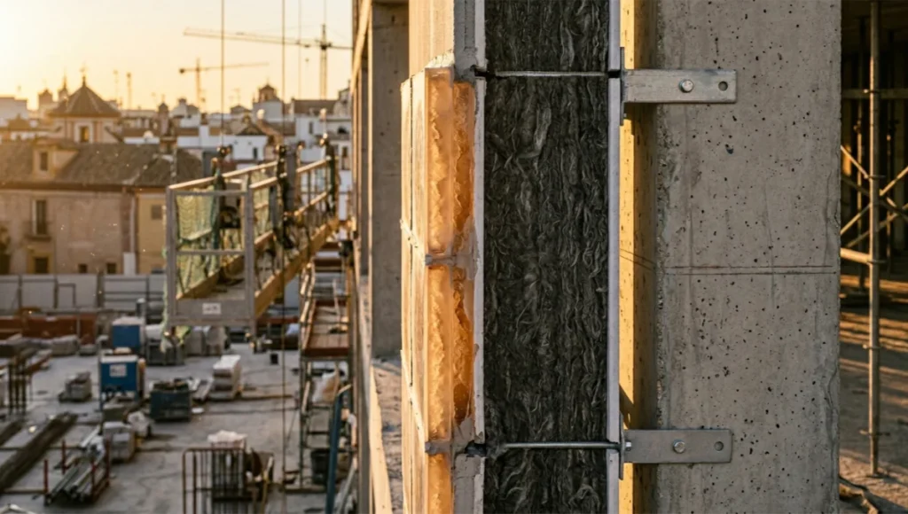 Cross-section detail of a phase change materials construction wall assembly showing salt hydrate macroencapsulation panel, mineral wool insulation, and PCM-infused plasterboard layers in a Seville building under construction, photographed with 24mm tilt-shift lens at golden hour