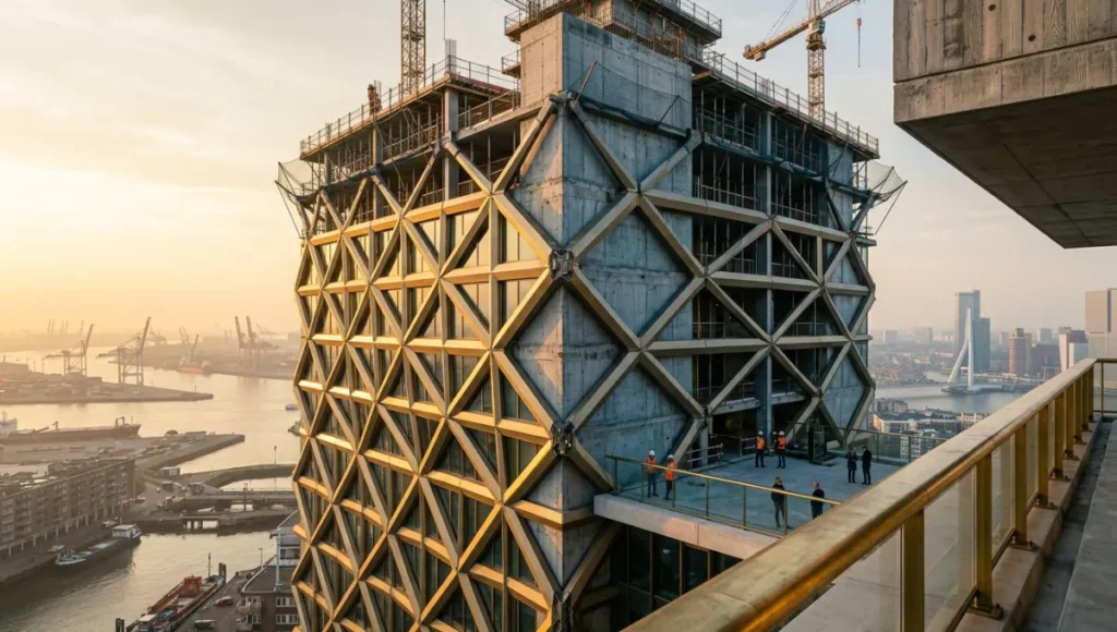 Generative diagramming architecture in practice: parametric aluminum diagrid facade on Rotterdam high-rise under construction, captured with 24mm tilt-shift lens during golden hour, showcasing raw concrete structural nodes, brushed brass terrace railings, and weathered oak formwork textures—illustrating the shift from static schematic workflows to AI-assisted constraint-driven design pipelines.