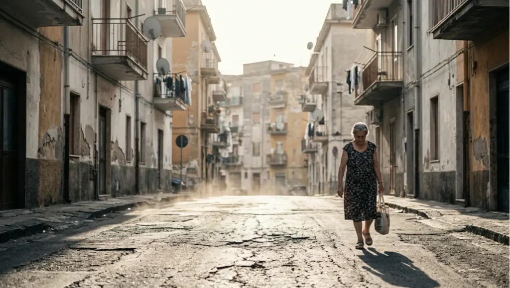 Elderly woman walking alone through a treeless low-income urban street in extreme heat, flanked by deteriorating concrete residential blocks with cracked asphalt and no shade infrastructure — illustrating the geographic proximity failure at the core of urban heat refuge network inequity in southern European cities.