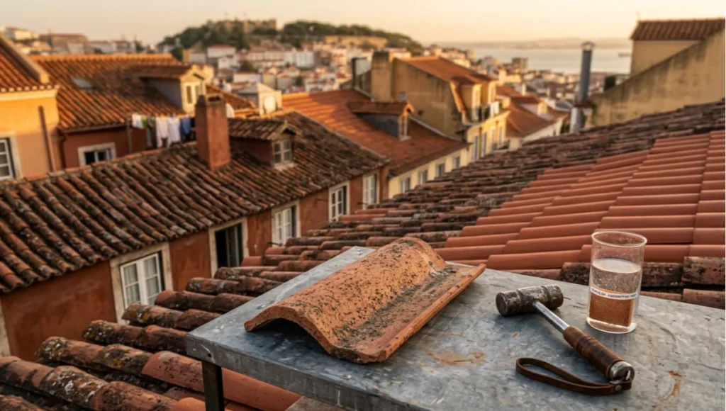 Reclaimed terracotta roof tiles restoration in progress on a Lisbon heritage roofscape at golden hour, showing Roman-profile clay tiles with iron-oxide patina variation, water absorption testing vessel, and Schmidt rebound hammer on a zinc worktable — Mouraria district, Portugal
