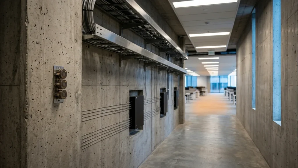 Neuromorphic sensor endpoints mounted on raw concrete column inside commercial building distribution room, with edge node enclosures and fiber optic conduits visible along brushed stainless cable trays — illustrating Phase 3 cable infrastructure in a neuromorphic building management integration deployment.
