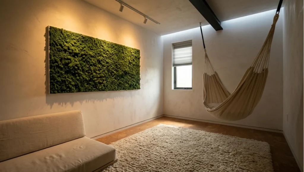 Residential sensory room designed for neurodivergent adults featuring limewash plaster walls, preserved moss panel biophilic anchor, organic cotton pod hammock, circadian warm-amber interior lighting at 2200K, cork and wool flooring — architectural photography by Nuvira Space Living Spaces series