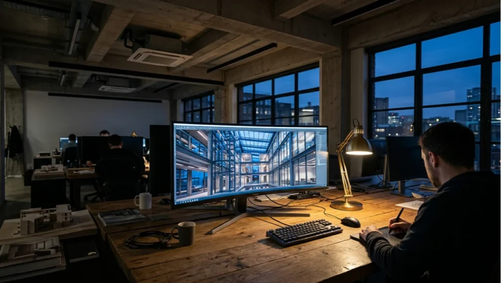 Architectural visualization studio interior at dusk showing a real-time ray-traced render of a glazed atrium on a wide monitor, illustrating real-time ray tracing architecture workflow with concrete ceiling, brushed brass fittings, and weathered oak desk.