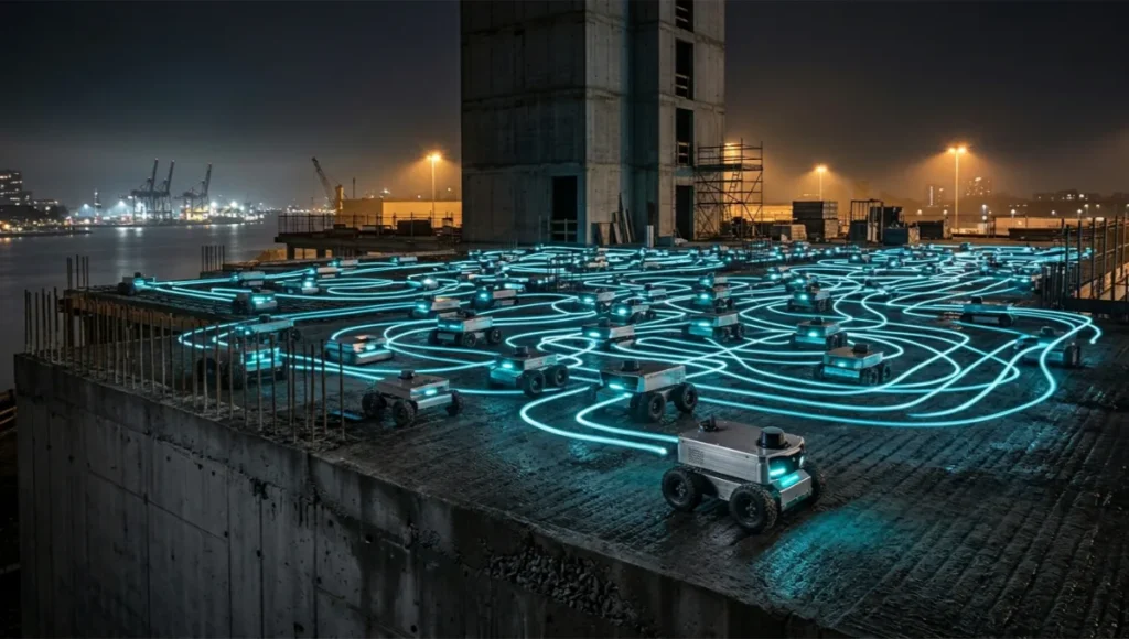 Autonomous swarm construction robots moving in coordinated light-trail paths across a raw reinforced concrete slab on a Rotterdam waterfront high-rise site at night, with cyan LED indicators tracing algorithmic routes across the formwork-textured surface — swarm robotics construction in operation.