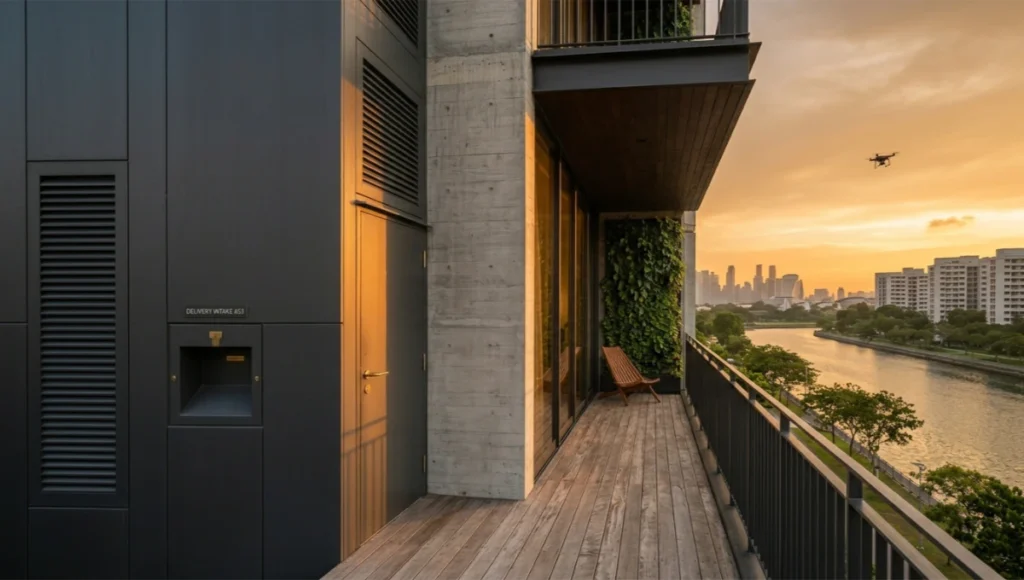Ultra-realistic architectural photography of the Kallang Resilience Unit, a dark kitchen architecture residential project in Singapore, showing the north service facade with GFRP panels and pneumatic delivery port alongside the south living facade with floor-to-ceiling glass and vertical green wall, captured at golden hour with tilt-shift lens perspective correction, featuring raw concrete, brushed brass hardware, and ipe decking materials.