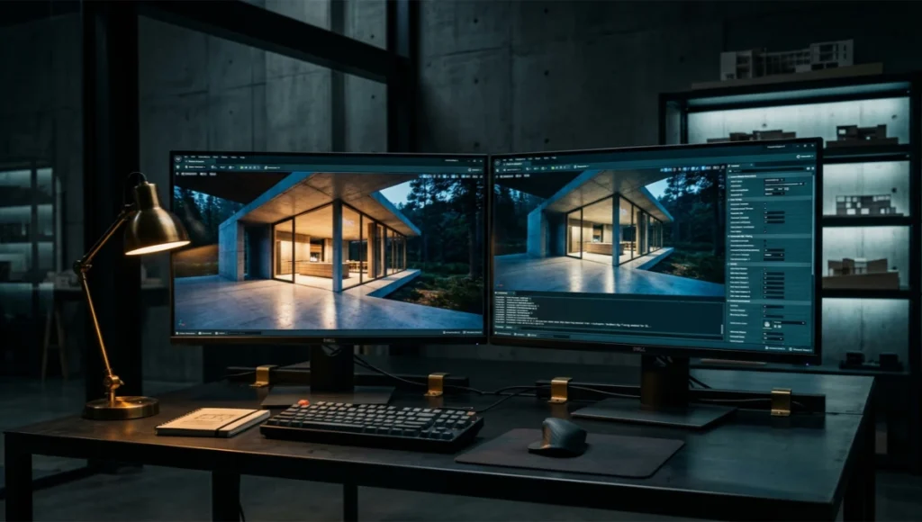 Real-time ray tracing architecture workflow on dual-monitor visualization studio workstation showing Lumen GI settings and live architectural render in Unreal Engine 5, cinematic interior lighting, 2026 professional 3D rendering pipeline