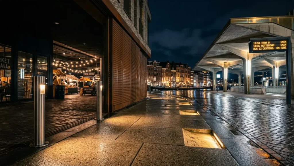 Adaptive circadian street lighting at 2200K illuminating a wet-pavement nocturnal urban corridor — perforated weathering steel corten facade in temporal transition, raw concrete paving, brushed stainless bollards, transit interchange canopy in exposed concrete and patinated brass — nighttime urban economy design case study, European waterfront district