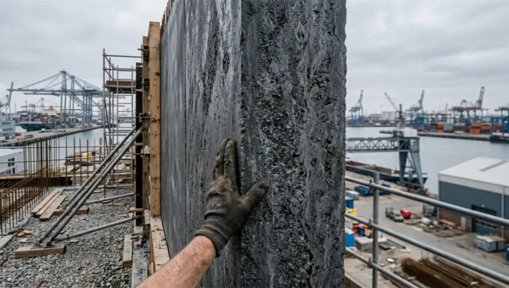 Ferrock concrete alternative wall panel mid-cure on a Rotterdam waterfront construction site, showing iron carbonate mineral surface texture and 200mm structural thickness under diffused overcast lighting — carbon-negative building material close-up, architectural materials photography