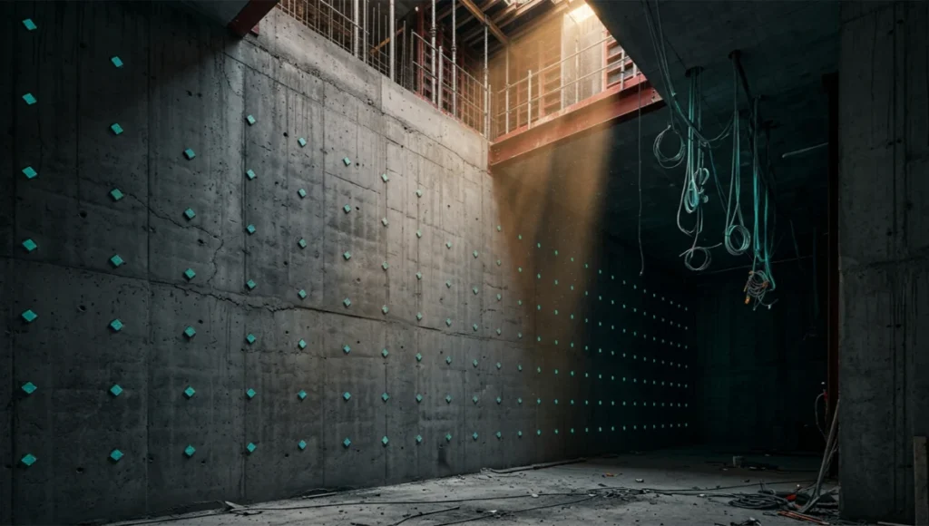 Raw concrete structural core of a high-rise building embedded with quantum NV-center sensor tiles emitting teal light at 400mm grid spacing, showing the physical deployment architecture of quantum sensing structural monitoring technology inside an active construction site.