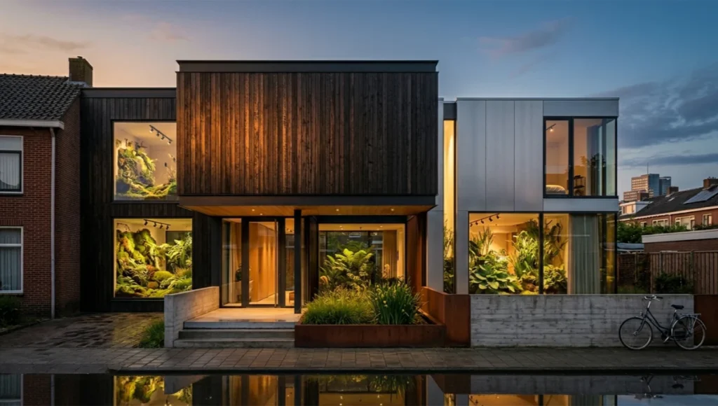 The Rotterdam Synchronization House by Nuvira Space: a semi-detached intergenerational living suite in Rotterdam featuring charred Fraké hardwood cladding, brushed aluminum secondary volume, central biophilic courtyard with native Dutch wetland planting, and expressed sound-moat light slot. Shot at golden hour with 24mm tilt-shift lens. Neuro-architectural design for multigenerational health.