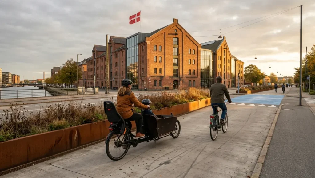Copenhagen bicycle infrastructure design featuring a separated cycle track with brushed concrete surface, corten steel planter walls, and blue-painted raised intersection table at golden hour, photographed with 24mm tilt-shift lens