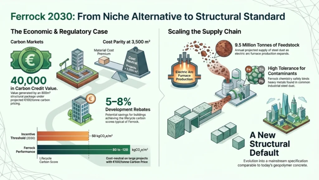 Ferrock 2030: From Niche Alternative to Structural Standard