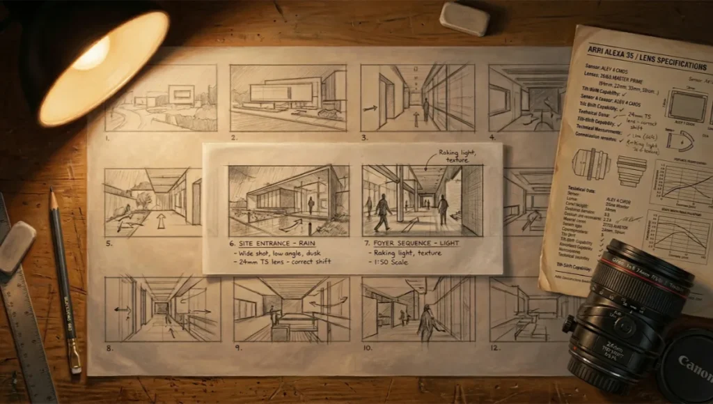 Architectural storyboarding translates spatial concepts into
sequential visual narratives. 5 core techniques guide
design from first sketch to client sign-off.