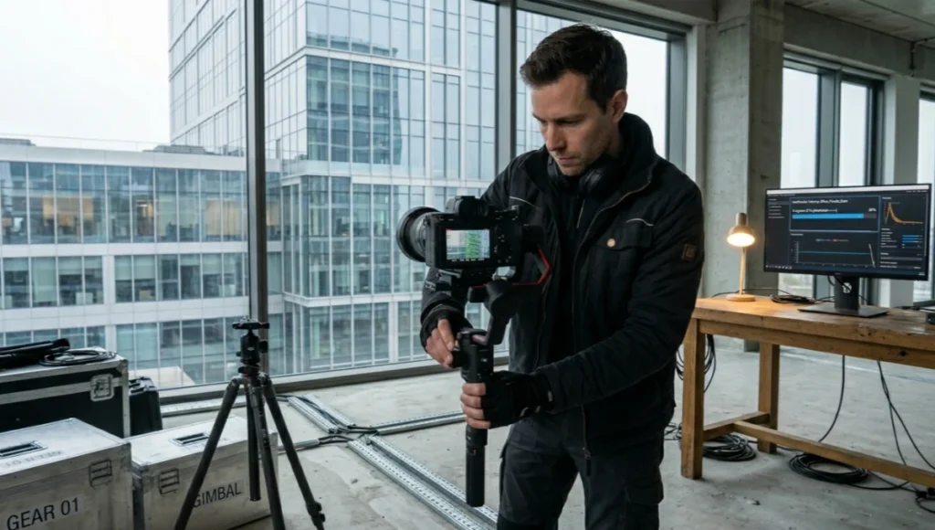 NeRF architectural visualization capture workflow in professional studio environment, Sony A7IV camera with 24mm tilt-shift lens documenting modern glass facade, COLMAP feature tracking overlay visible on camera screen, Nerfstudio neural radiance field training interface on monitor. Architectural photography process showing equipment setup for 2D photo to 3D scene reconstruction, diffused overcast lighting, raw concrete studio floor, and brushed aluminum technical equipment.