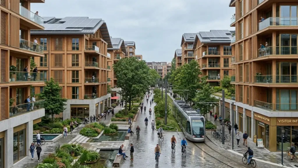 Diffused daylight architectural rendering of Tidal Commons by Nuvira Space, a mass-timber climate migration reception district with rooftop solar, permeable flood-retention plazas, and a central transit spine.