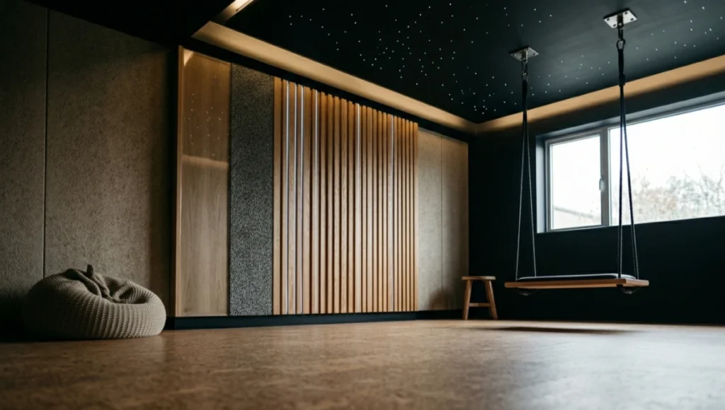 The Threshold House by Nuvira Space — speculative concept interior showing a 15m² multi-profile residential sensory room with a ceiling-mounted platform swing on stainless anchor suspension, a six-zone tactile sensory wall panel with embedded fibre optic lighting at 3000K, acoustic mineral wool panels behind removable MDF cladding, and cork tile flooring. Designed to cycle between calming, active regulation, and anxiety relief modes for a mixed-neurological-profile household.