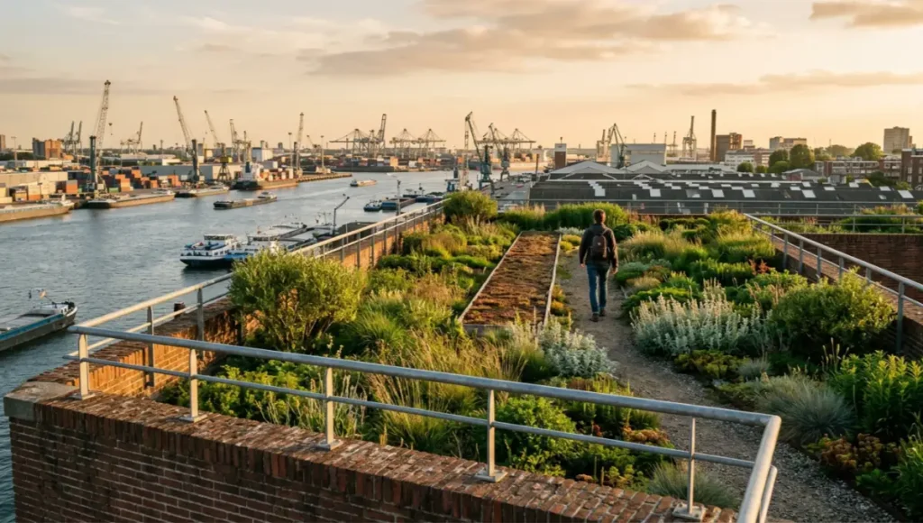 Rooftop view of the Voorhaven Canopy concept by Nuvira Space, a 320mm substrate green roof with 34 plant species overlooking Rotterdam's tidal harbor at golden hour.