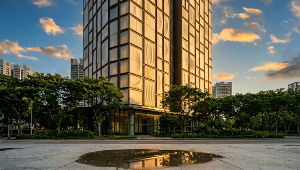 Project Thermoveil by Nuvira Space — speculative 34-storey mixed-use tower in Singapore's Tanjong Pagar district, unitised aerogel 3D printing filament facade cassettes in warm golden hour light, parametric panel geometry, tropical streetscape with mature trees, ultra-realistic architectural concept photography 35mm lens.