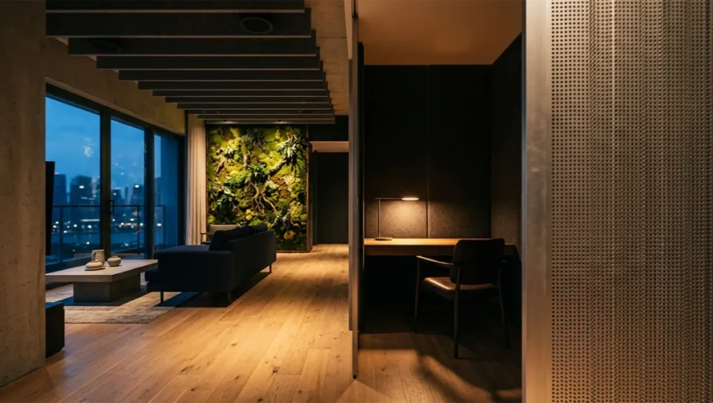 Nuvira Space Sensorium Flat Singapore — soundscaping interior design concept project showing ceiling acoustic baffle array, Kokedama moss living wall, oak flooring and study acoustic refugia at dusk, circadian lighting at 21:00