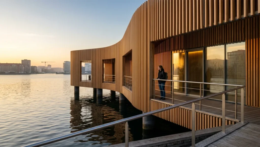 Golden-hour exterior photo of Nordhavn Pulse Pavilion in Copenhagen, a speculative Nuvira Space concept study showing oiled white-oak cladding, a glazed bath-hall facade, and a brushed-steel harbor-facing handrail.