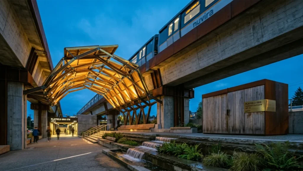 Speculative architectural visualization of Nuvira Space's PLAYFIELD GRID concept study — an elevated transit corridor at blue hour with a modular kinetic canopy, tiered stormwater terraces in raw concrete and Cor-Ten steel, brushed brass detailing, and a weathered oak community play-cache unit, depicting a resilient, playable transit-oriented development retrofit.