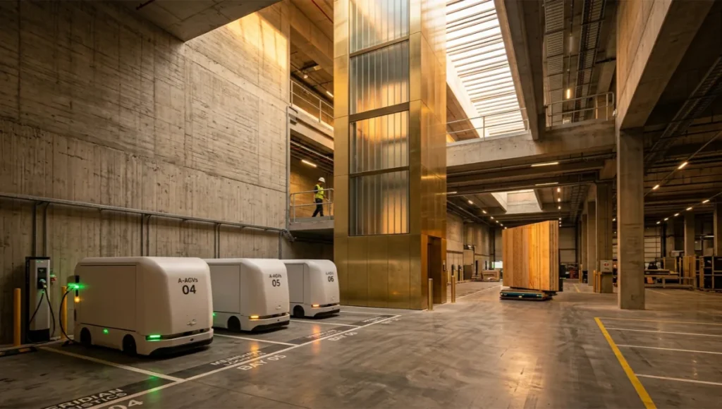 Electrified logistics undercroft of the Meridian project with autonomous electric freight vehicles at charging bays, vertical material lift in brushed brass and glass, cross-laminated timber panels, golden hour cinematic lighting, 24mm architectural photography, sustainable construction logistics infrastructure.