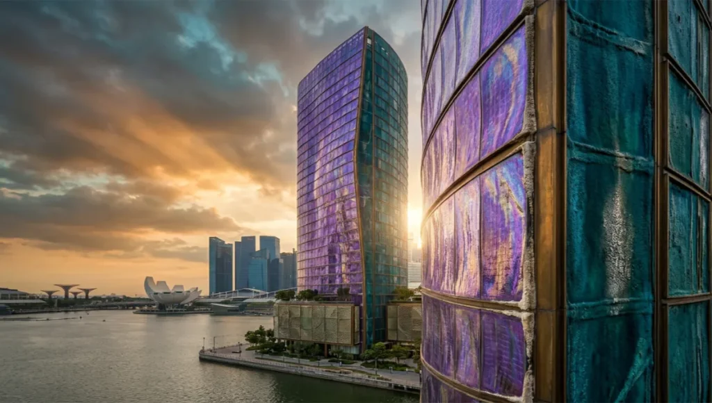 Verdant Membrane Tower Singapore Marina Bay synthetic biology facade with biofilm-integrated photovoltaic membranes and CRISPR-edited cyanobacteria thermal skin, ultra-realistic architectural photography tilt-shift lens, golden hour tropical lighting, Nuvira Space bio-integrated envelope design, programmable microbial consortia panels, carbon-sequestering building envelope
