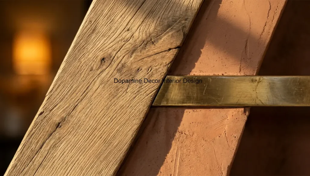 Macro architectural photograph of dopamine decor interior material detail showing weathered white oak with fractal grain pattern intersecting raw clay plaster and brushed brass hardware, illuminated by late-afternoon golden hour light with a 2100K amber LED fixture in soft background blur.