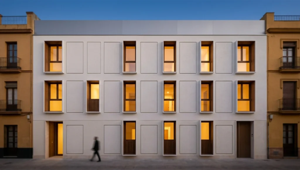 Nuvira Space Latent House concept project facade in Seville Spain showing phase change materials construction integrated into a 4-storey mixed-use residential building with lime render wall panels, deep-set timber-framed apertures, and PCM roofline assembly photographed at dusk with 35mm prime lens