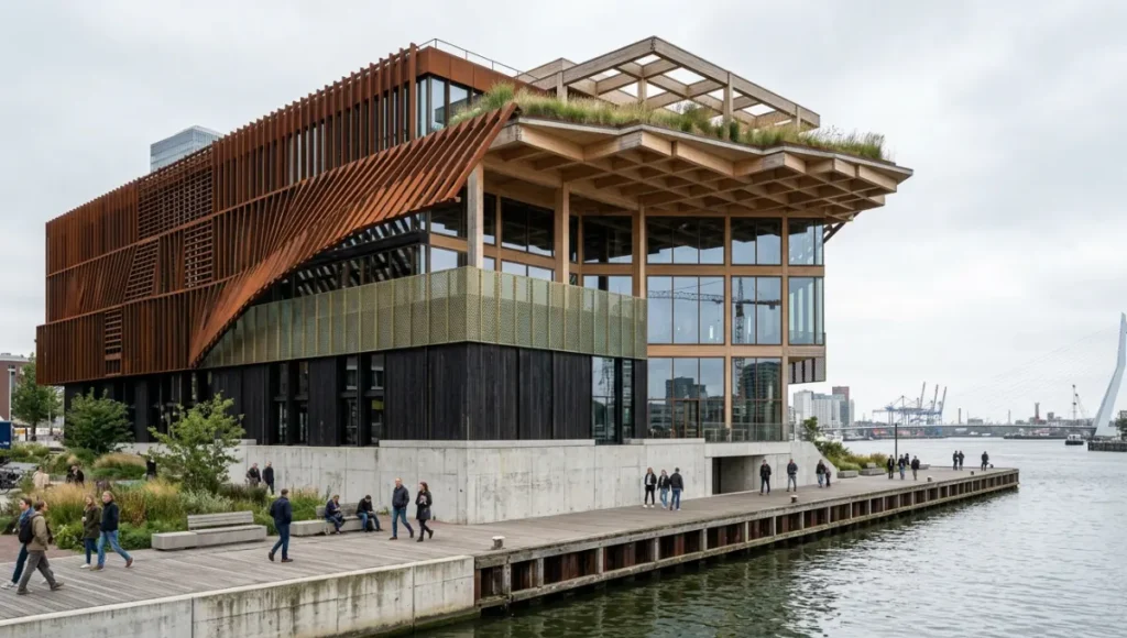 Project Meridian Lattice by Nuvira Space: generative diagramming architecture realized as mixed-use civic hub at Rotterdam Waterfront, featuring 8.4m CLT structural grid, computational corten steel solar louvers, and charred timber cultural volumes—captured in diffused overcast light with 24mm tilt-shift lens, demonstrating zero manually authored geometry and full constraint-traceable design authorship.