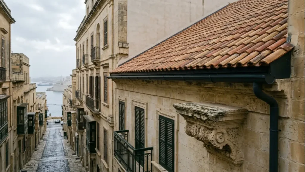 Terra Continuum by Nuvira Space — speculative concept study of a 7-storey heritage building in Valletta Malta with reclaimed terracotta roof tiles restoration across 3 roof planes, sub-tile photovoltaic integration, and traditional Maltese limestone facade — Mediterranean overcast light, architectural photography