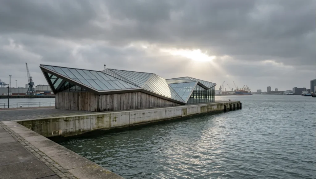 Nuvira Space concept pavilion Tidal Threshold in Rotterdam, folded glazed roof under diffused winter light, raw concrete plinth and weathered oak cladding at the harbor edge — speculative architectural visualization study.