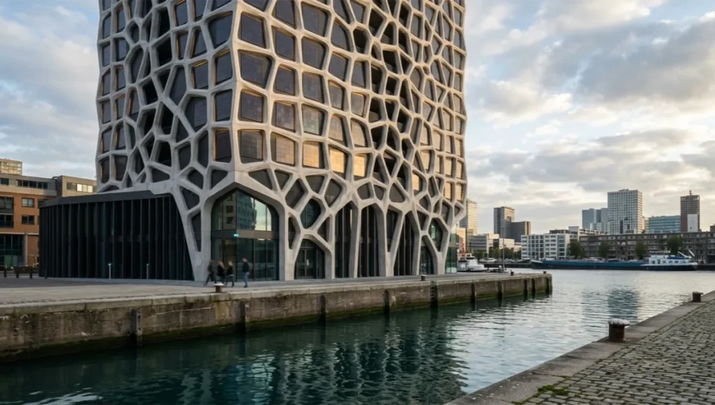 Project Lattice Veil by Nuvira Space — an 18-floor mixed-use tower on Rotterdam's inner harbour waterfront with a Voronoi-tessellated Ultra-High Performance Concrete exoskeleton facade featuring integrated 150×150 mm photovoltaic tiles, designed using parametric swarm robotics construction algorithms and speculative robotic fabrication methodology.