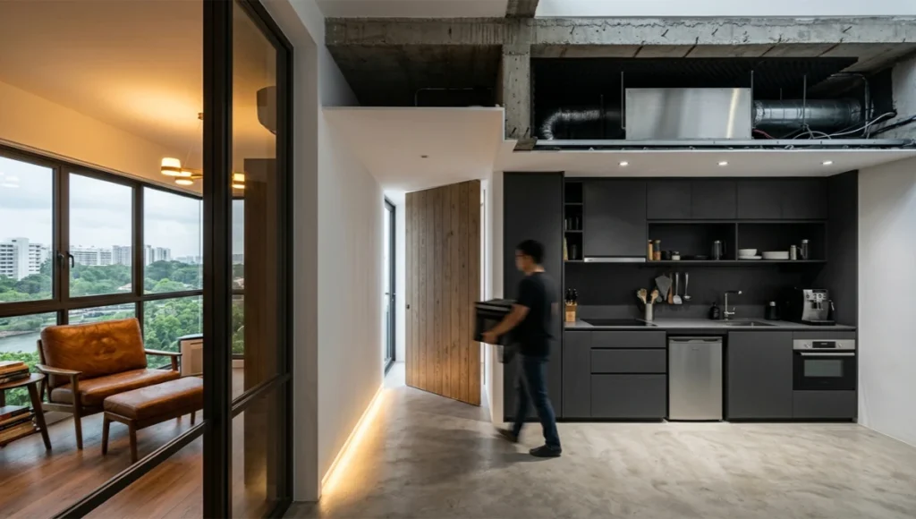 Architectural sectional interior photograph of a dark kitchen architecture residential service core in Singapore, showing the 1.2-meter transition corridor with mass-loaded vinyl acoustic barriers, pivoting weathered oak panel, GFRP kitchen module with induction hob and under-counter refrigerator, brushed stainless steel exhaust plenum, and adjacent living zone with cognac leather refuge chair and Lutron Ketra 2700K amber lighting, captured with 24mm lens and cinematic interior lighting.