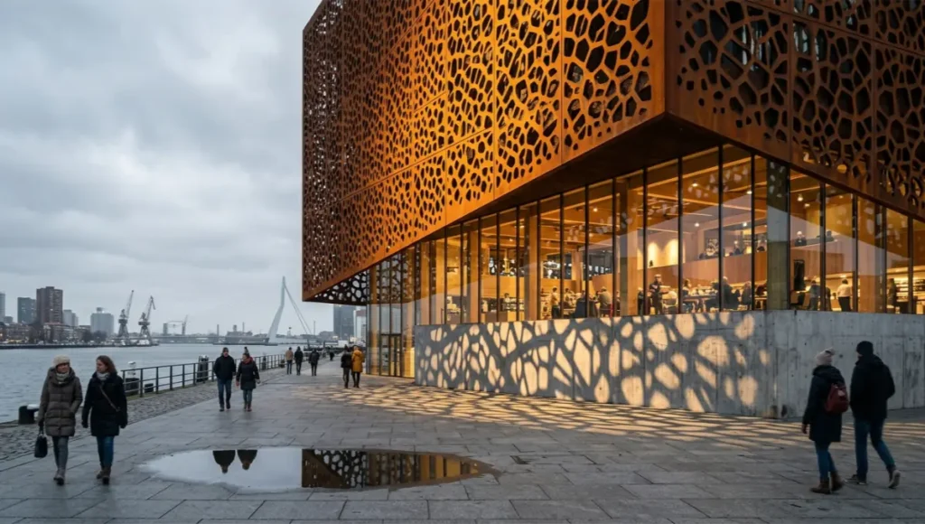 Harbour Threshold speculative architectural concept by Nuvira Space — perforated Corten steel facade pavilion on Rotterdam waterfront, real-time ray tracing visualization with Voronoi aperture shadow study, winter low-angle sun, 24mm tilt-shift perspective, architectural visualization 2026
