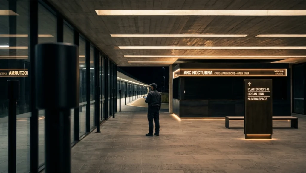 Arc Nocturna by Nuvira Space — interior of a 340sqm nocturnal transit interchange at 1am, board-formed raw concrete ceiling with 2700K recessed linear lighting, honed basalt tile floor, blackened steel food concession, full-height black anodised aluminium glazing overlooking an adaptive LED urban corridor with LiDAR sensor nodes — speculative nighttime urban economy design concept, Nuvira Space Urban Pulse series