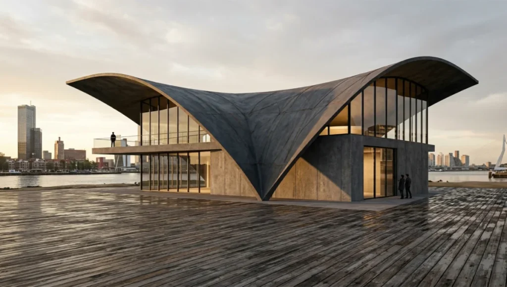 The Carbonite Pavilion by Nuvira Space — speculative ferrock concrete alternative civic building at Rotterdam Rijnhaven waterfront, double-curved shell roof spanning 18 metres, exposed iron carbonate wall panels in charcoal-grey, golden hour lighting, architectural concept study in carbon-negative regenerative infrastructure