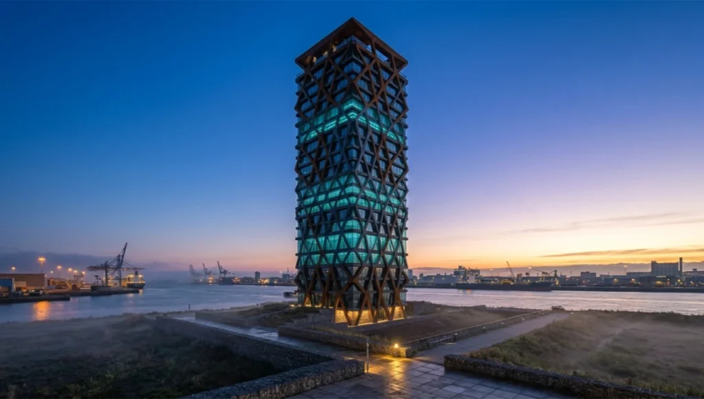 Project Seismic Veil by Nuvira Space — a speculative 42-floor mixed-use high-rise concept on the Rotterdam waterfront featuring a parametric concrete and oxidized steel diagrid façade with integrated quantum sensing mesh visible as a teal glow at structural transfer slab levels, demonstrating quantum sensing structural monitoring embedded as architectural expression at building scale.