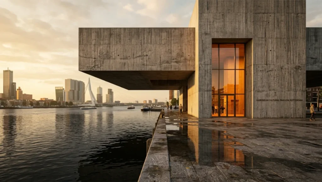 Kairoseum Cultural Pavilion by Nuvira Space — speculative architectural visualization of a cantilevered concrete civic building on the Rotterdam Nieuwe Maas waterfront at golden hour, demonstrating architectural storyboarding camera protocol Layer 2 shot S01