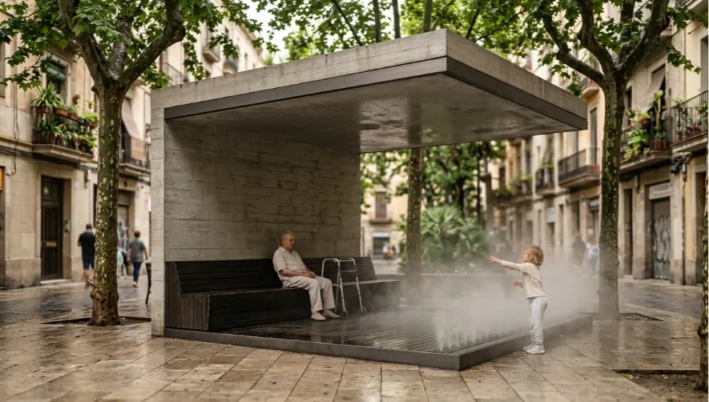 Nuvira Space THERMA GRID concept — a board-formed raw concrete urban heat refuge canopy node with activated misting system, shou sugi ban timber seating, and dappled Mediterranean shade, designed as permanent thermal resilience infrastructure for high-density low-income city districts, with a seated person using a mobility aid demonstrating inclusive public access standards.