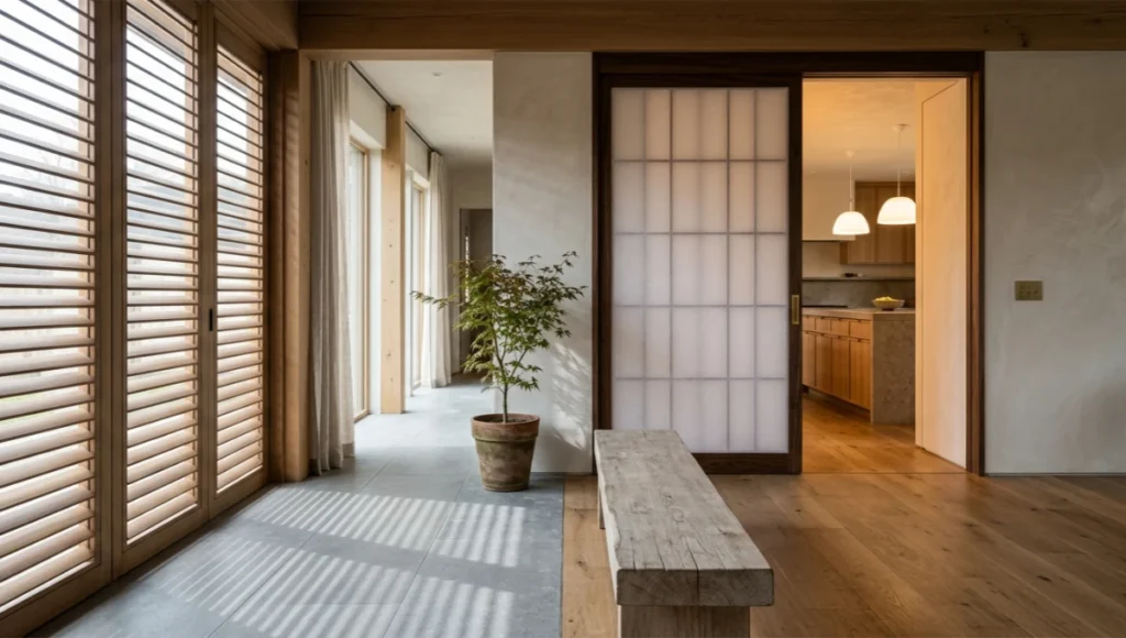 Layered threshold plan in an intergenerational living suite: engawa-style buffer zone with weathered white oak bench, material transition to honed limestone, operable wooden louvers casting striped shadows, shoji-inspired screen revealing elder suite with dawn-simulation lighting, and shared kitchen spine beyond. Documentary architectural interior photography with 35mm lens.