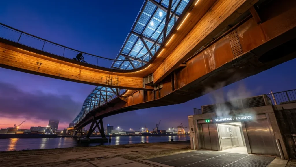 Nuvira Space Velo-Weave speculative cycling infrastructure featuring cross-laminated timber viaduct, recycled steel superstructure, photovoltaic canopy, and automated cargo bike elevator in Rotterdam harbor at twilight, photographed with 17mm tilt-shift lens