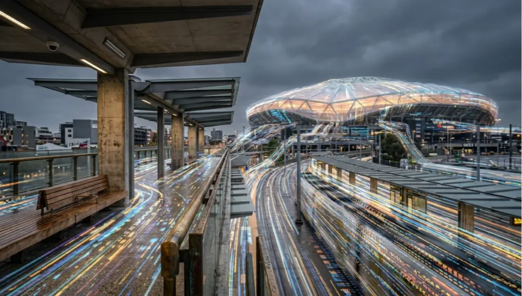 Multimodal transit pavilion with raw concrete columns, brushed brass handrails, and weathered oak seating integrated into World Cup 2026 stadium infrastructure, photographed with 24mm tilt-shift lens under diffused overcast light — illustrating transit-oriented stadium architecture and urban recalibration systems design.