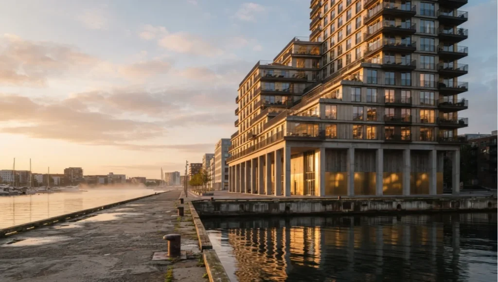 Golden hour architectural photograph of a stepped-terrace waterfront tower showing brushed brass cladding, board-formed raw concrete columns, and weathered oak decking, captured with tilt-shift lens correction for true vertical architectural lines.