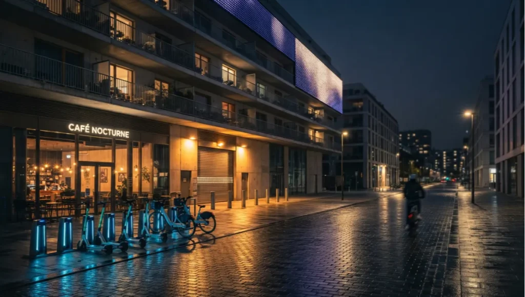 Nighttime urban economy infrastructure design — activated mixed-use pedestrian corridor with adaptive LED lighting, micro-mobility docking station, and 24-hour ground-floor commercial frontage on wet basalt pavement, architectural photography 24mm tilt-shift